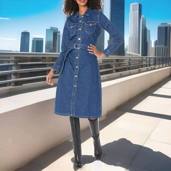 NWT! Tommy Hilfiger Belted Midi Denim Dress Size 8 - Picture 1 of 14